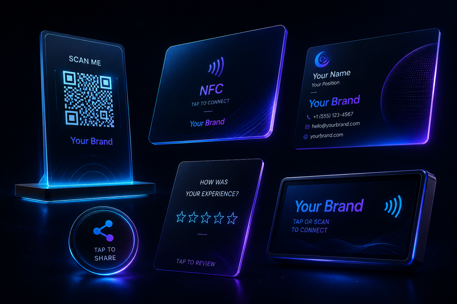 Creative Fasma product family — QR Stand, NFC Card, Business Card, Review Stand, QR Sticker, Smart Sign